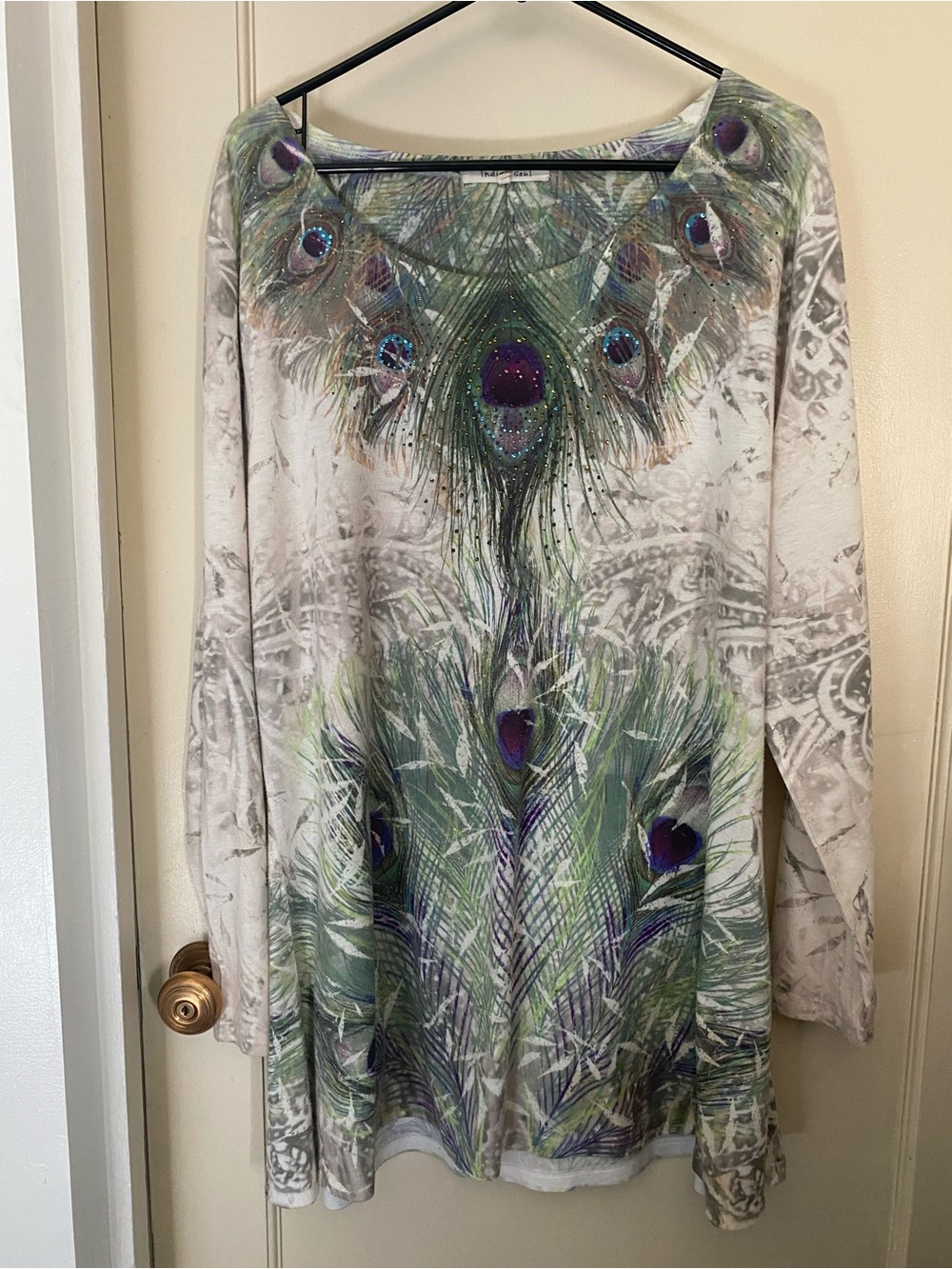 Long Sleeve Peacock Feather Print Dress in Green and Purple
